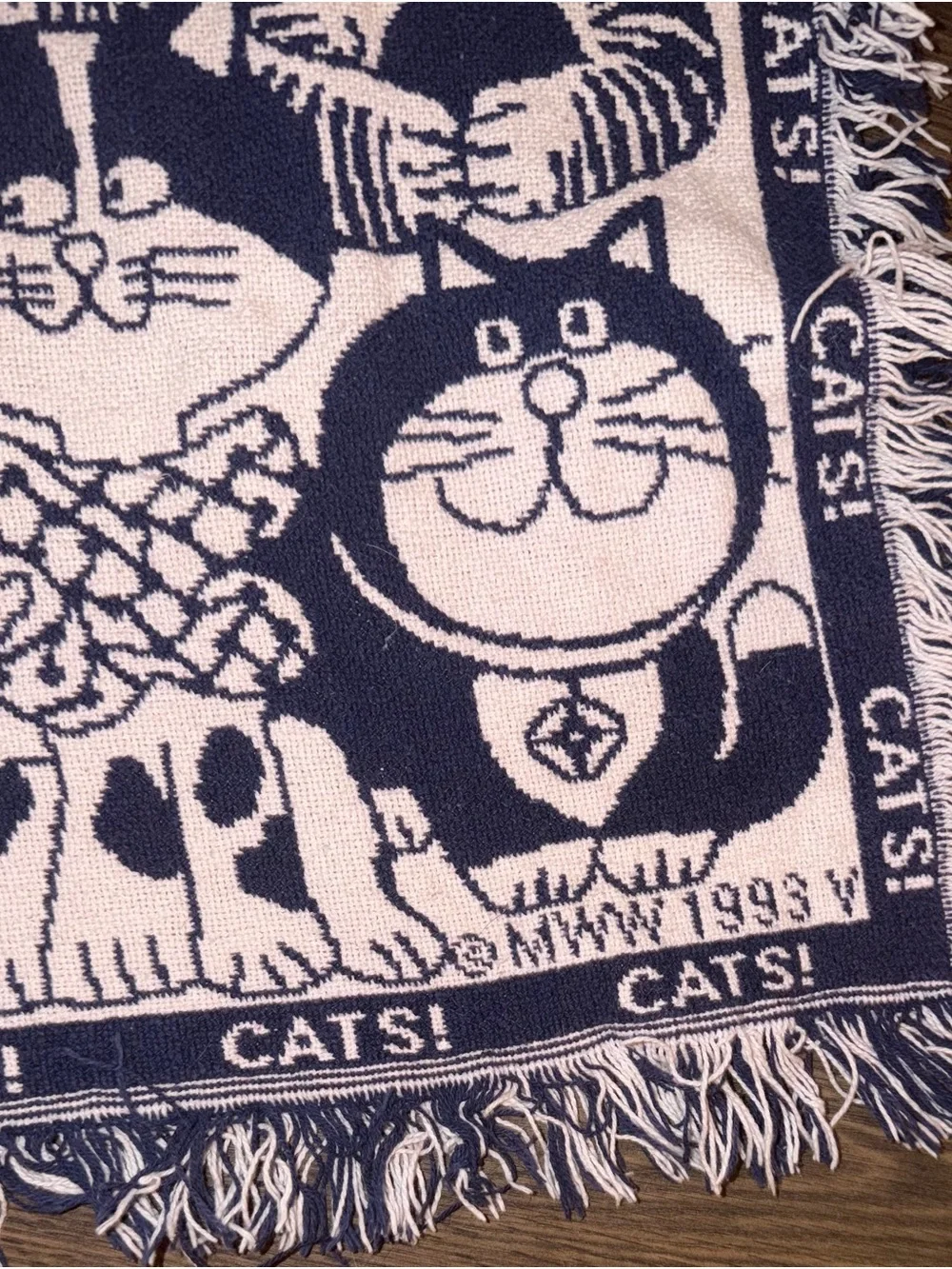 Vintage 1993 MWW Cats! Fringed Tapestry Theow Blanket Multi Cat Cartoon Art